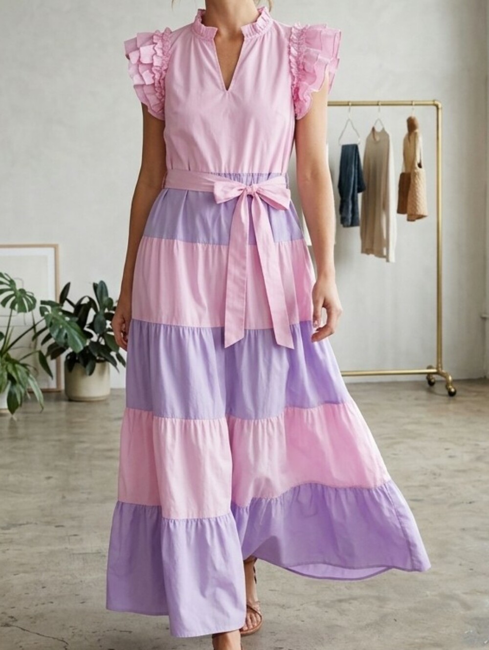 Carole Christian Tier Ruffle Short Sleeve Maxi Dress
